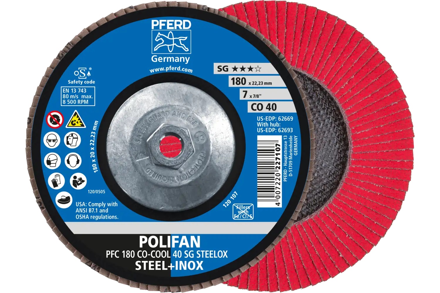 Picture of Pferd Flap Disc, 7" x 5/8-11, Co-Cool SG Steelox, 40 Grit, T29, Conical, Ceramic oxide